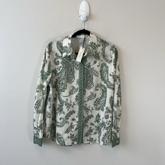 Commense Paisley Print Button Down Shirt Green Cream Boho Chic Size Large NWT's - Picture 7 of 15